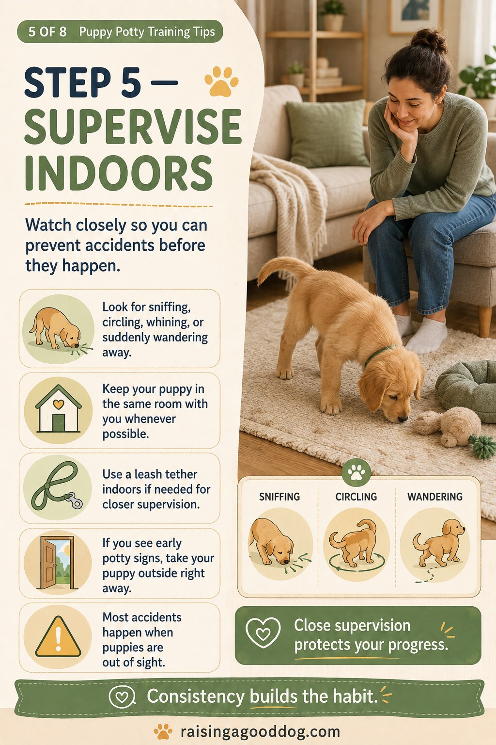 Owner supervising a puppy indoors, watching for early potty signals like sniffing and circling