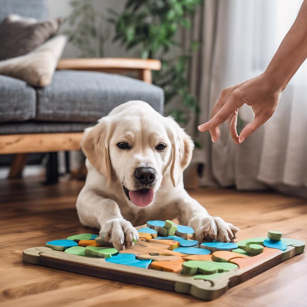 Puppy solving an interactive puzzle toy