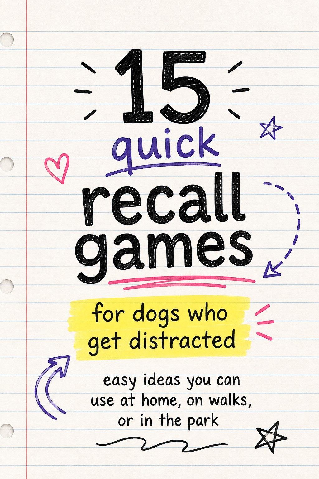 A handwritten-style list titled fifteen quick recall games for dogs who get distracted anywhere