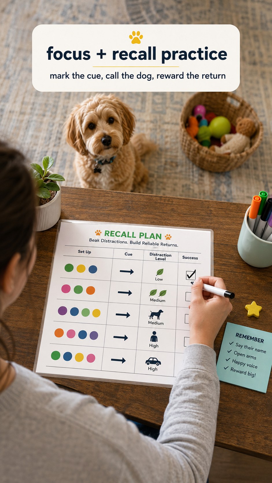 A tracked recall plan sheet logging distraction levels to build focus and reliable returns