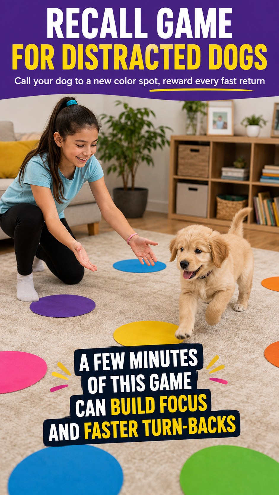 A colorful spot-target recall game teaching a puppy fast turn-backs during focused practice