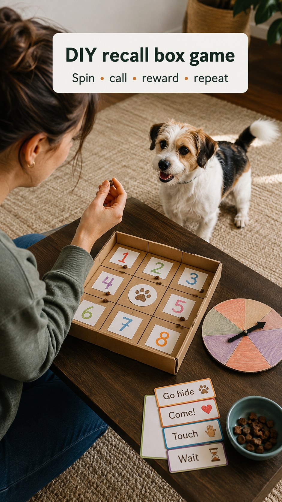 A DIY recall box game with a spin wheel keeping call-and-reward practice fresh and engaging