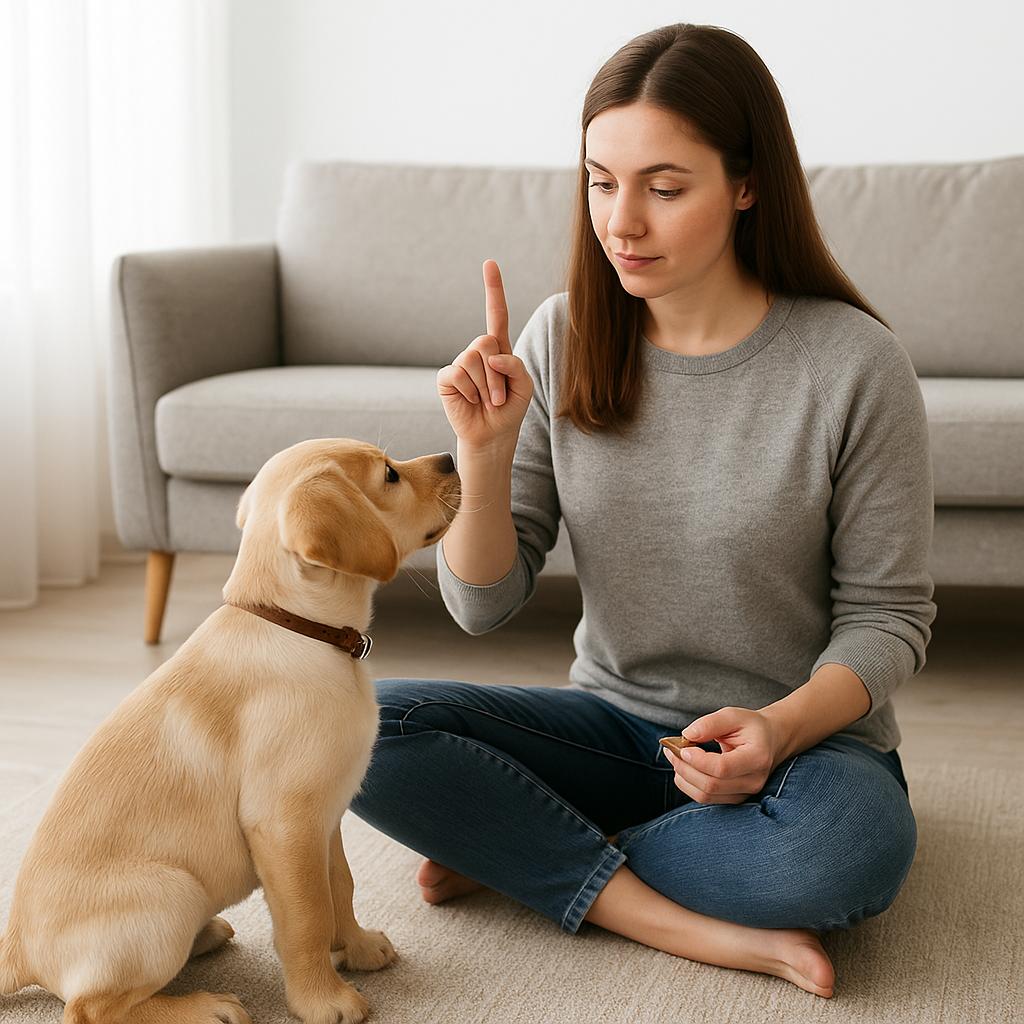 Puppy calmly training away from barking triggers