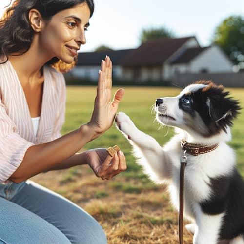 Happy puppy rewarded after trick