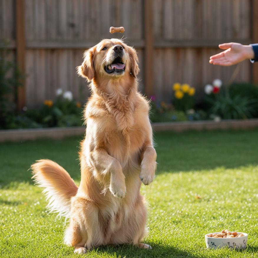 Dog rewarded after roll over trick