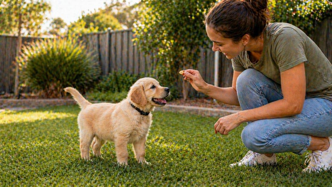 Owner rewarding puppy with treat
