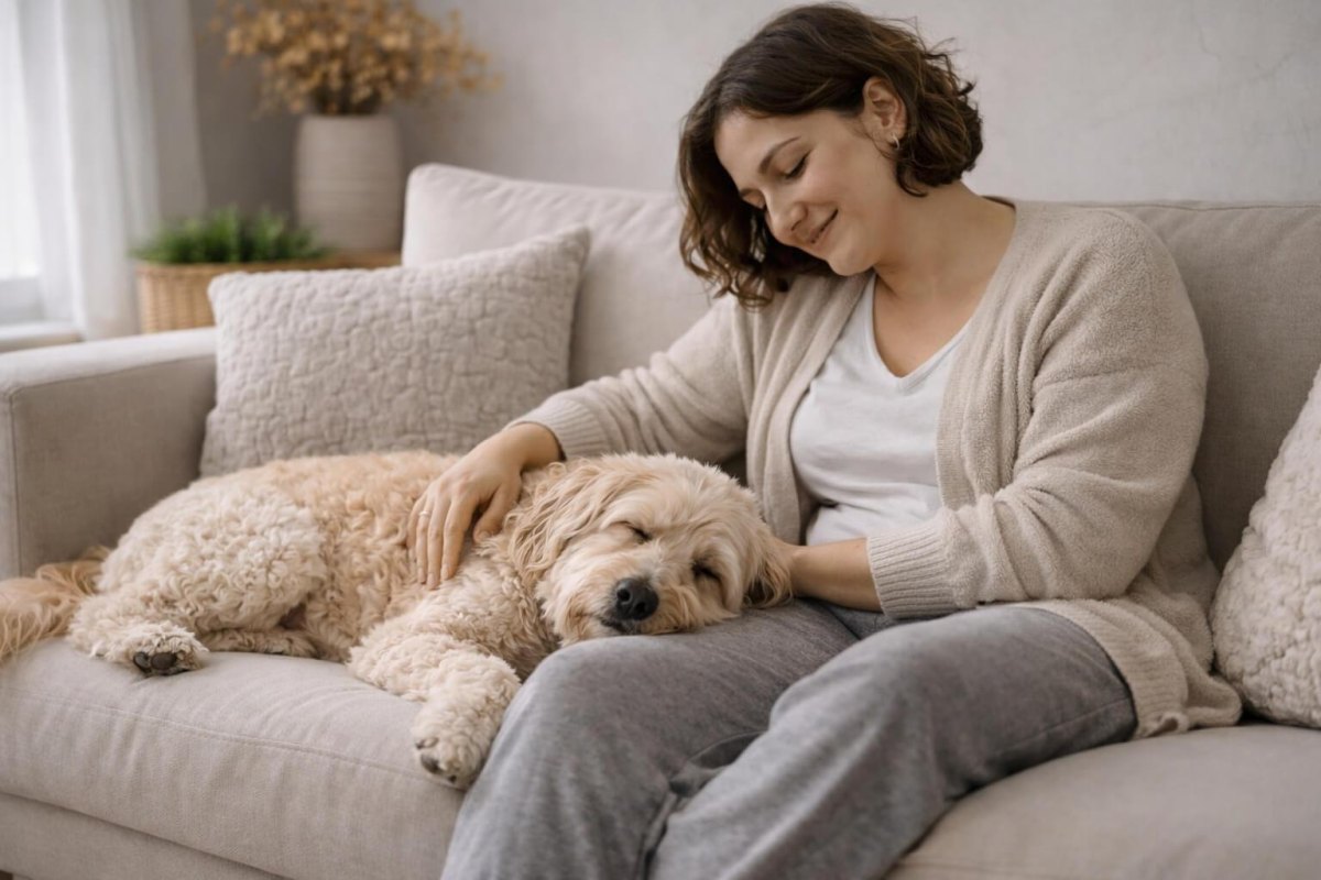 Relaxed dog resting with owner