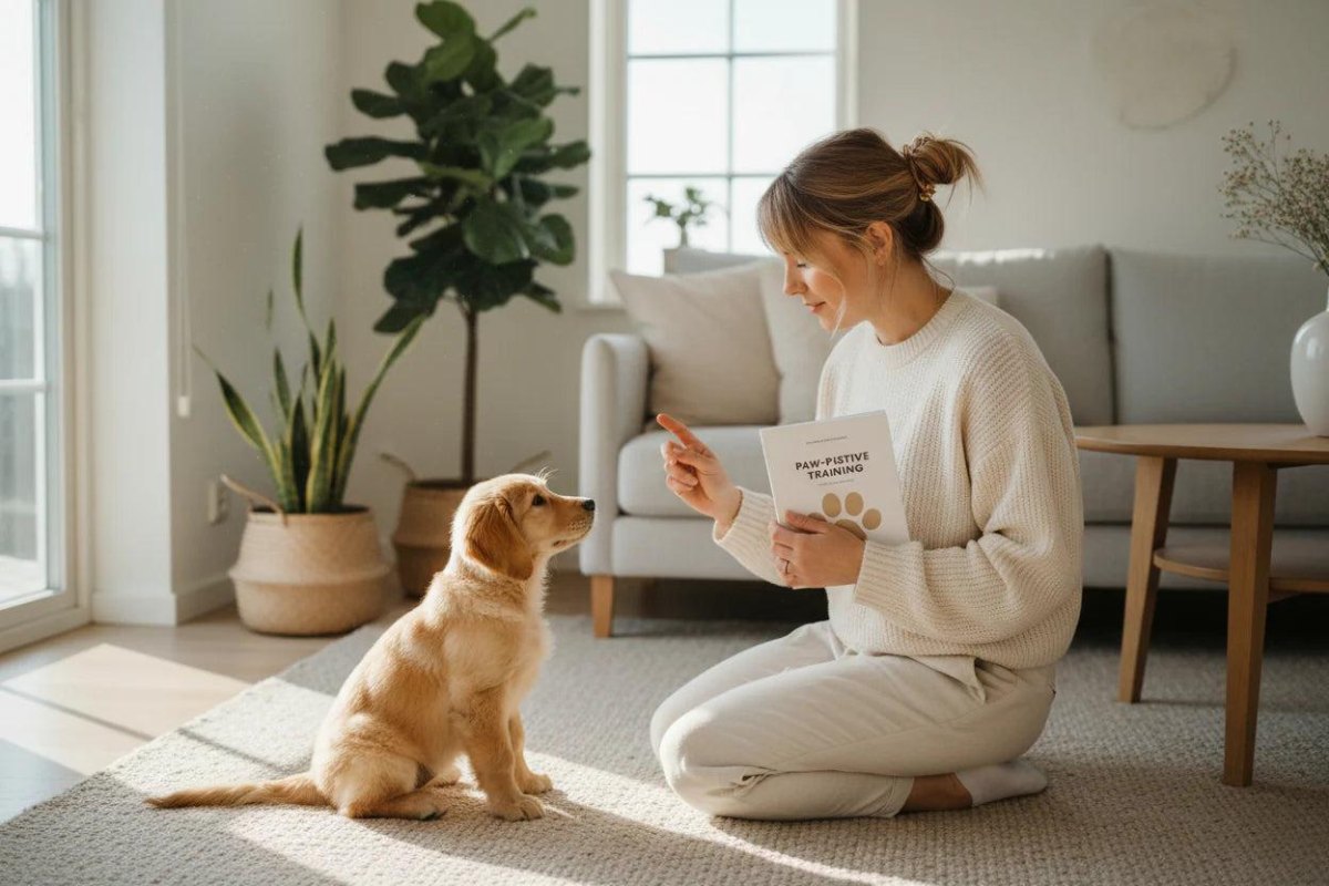Owner reviewing puppy training at home