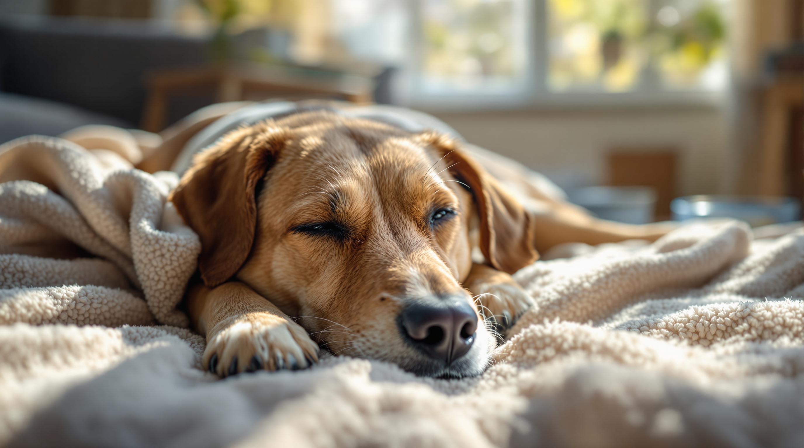 Calm dog relaxing on blanket indoors