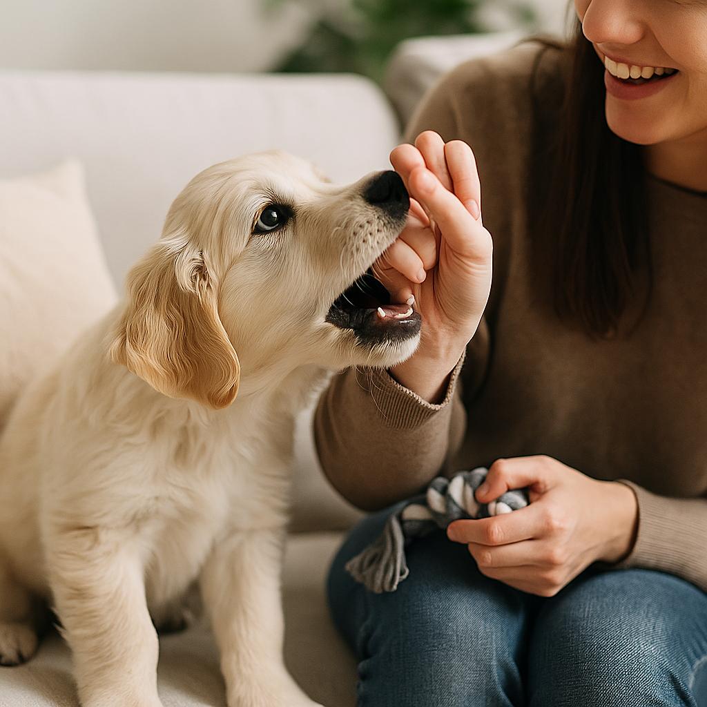Owner training puppy bite inhibition