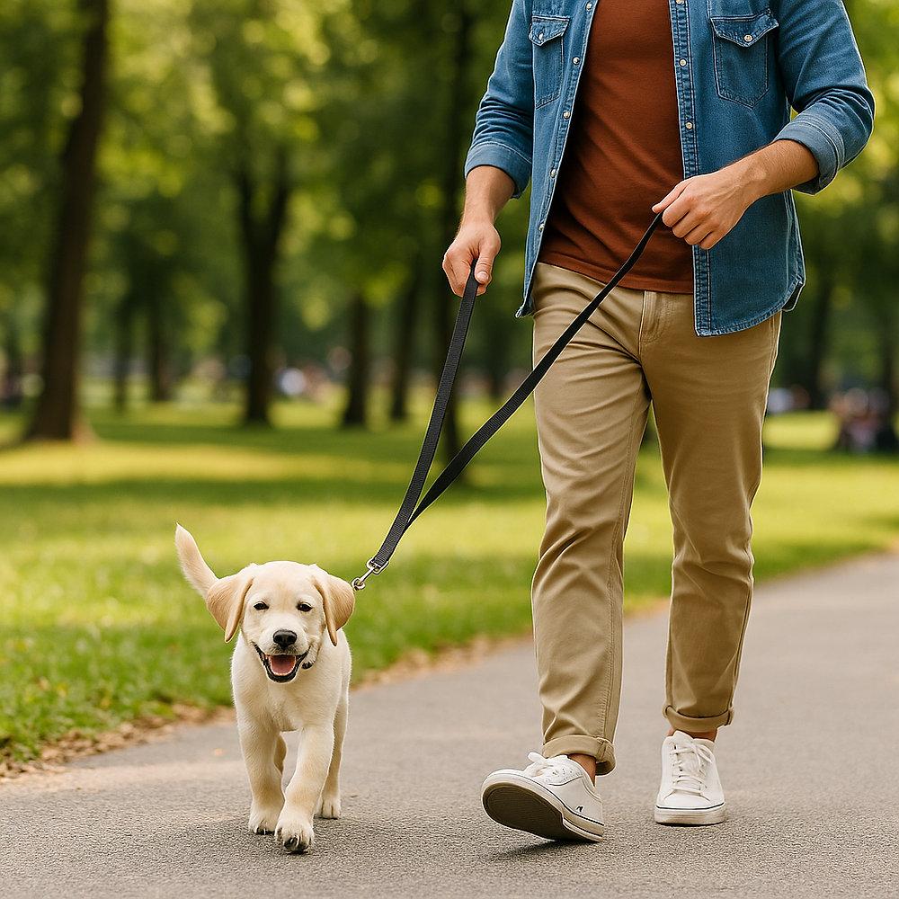 Puppy walking calmly on leash