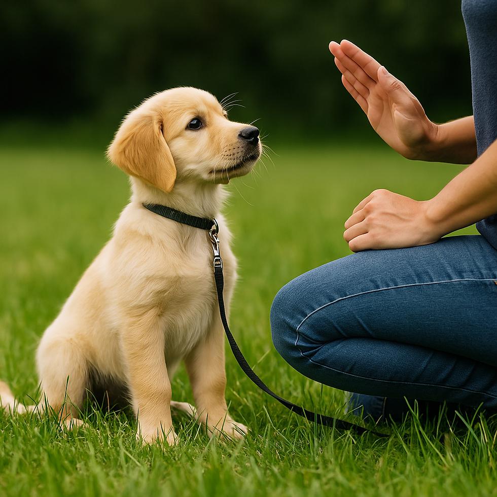 Puppy staying during obedience practice