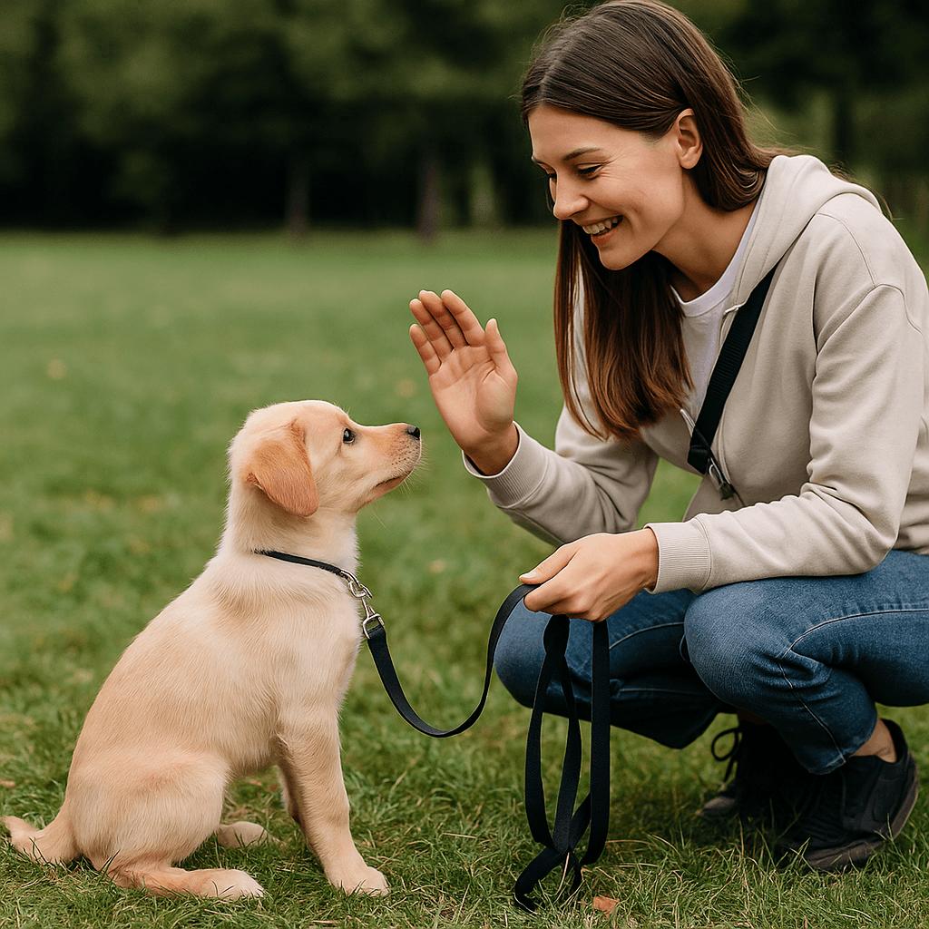 Puppy sitting before greeting person