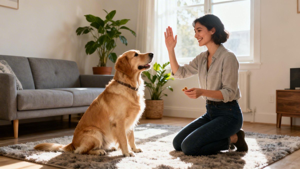 Dog learning tricks indoors