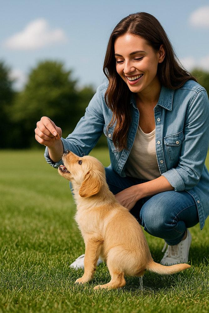 Trainer rewarding puppy with treat