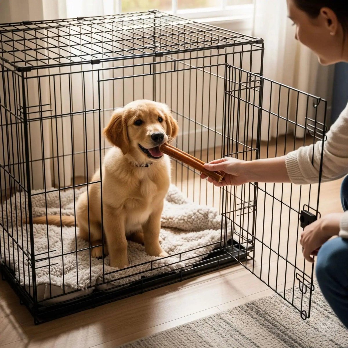 Puppy receiving crate training treat