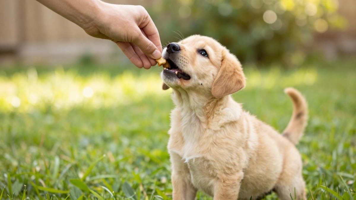 Happy puppy receiving reward after training