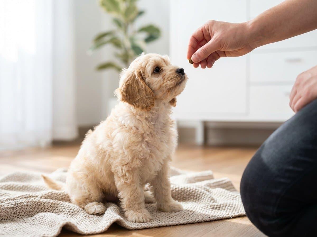 Puppy receiving treat during quiet training