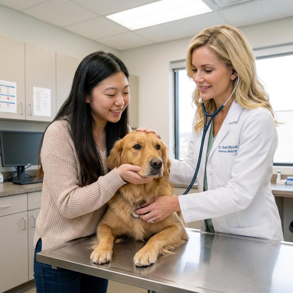Veterinarian checking dog with owner