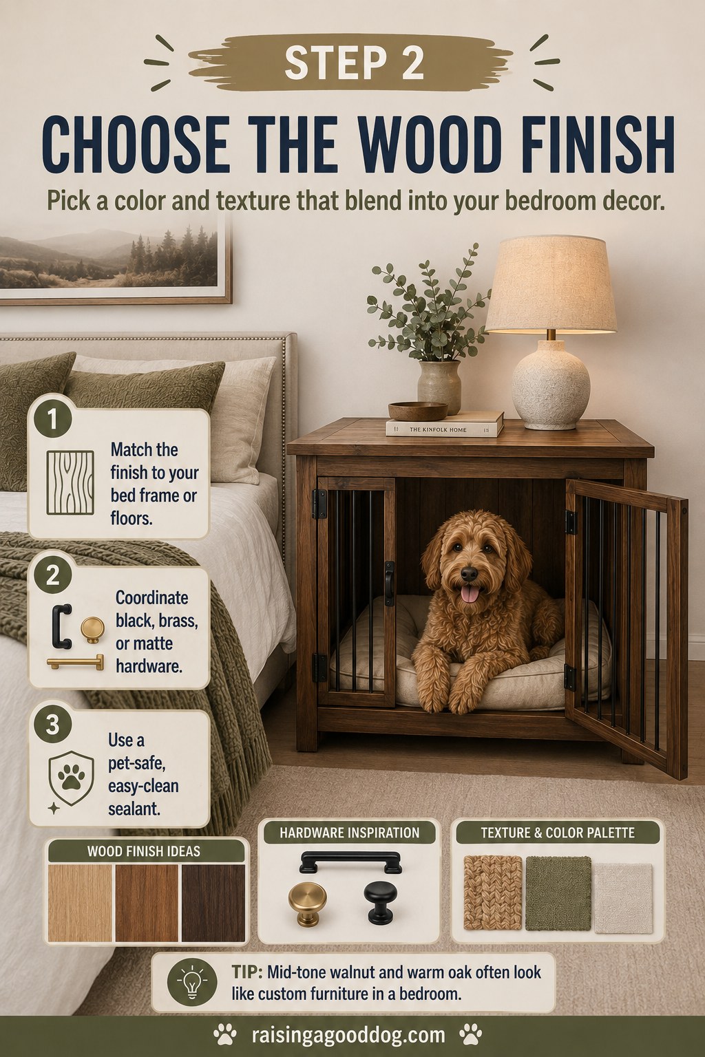 Wood finish samples and hardware options for a wooden dog crate bedroom nightstand