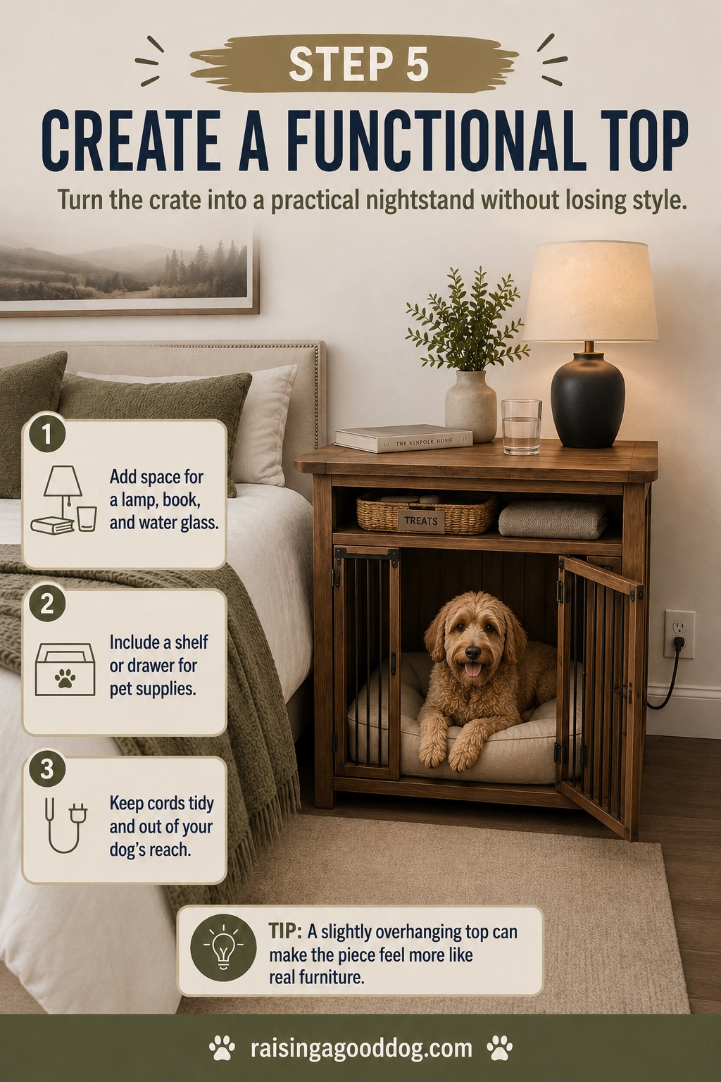 Wooden dog crate bedroom nightstand topped with a lamp, books, and hidden pet supply shelf