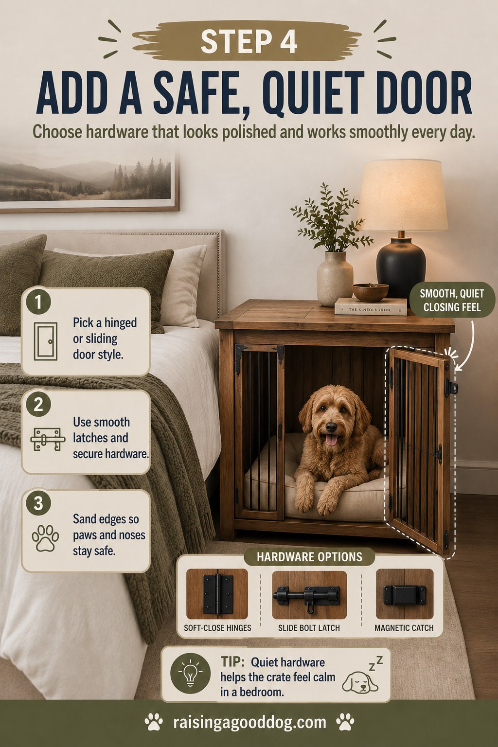 Close-up of soft-close hinges and latch on a wooden dog crate bedroom nightstand door
