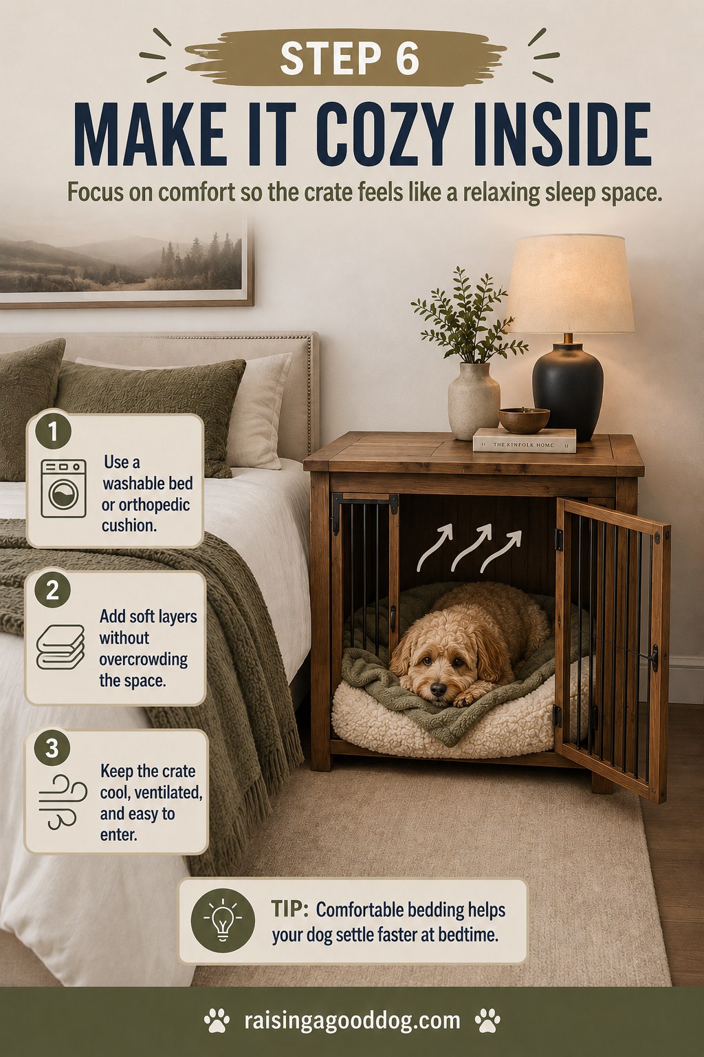 Dog resting on washable orthopedic bedding inside a cozy wooden dog crate bedroom nightstand
