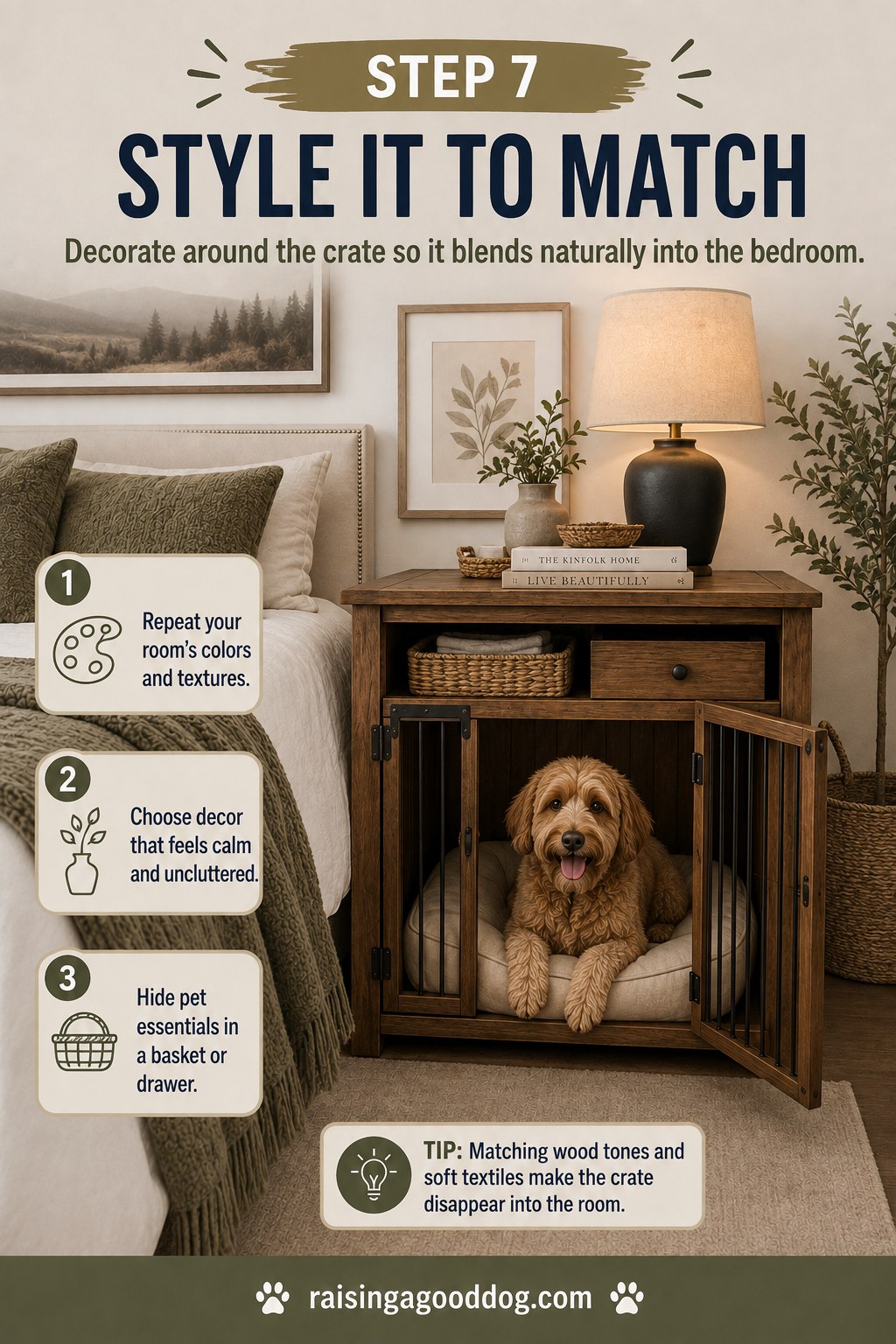 Styled bedroom corner where a wooden dog crate bedroom nightstand blends into the décor