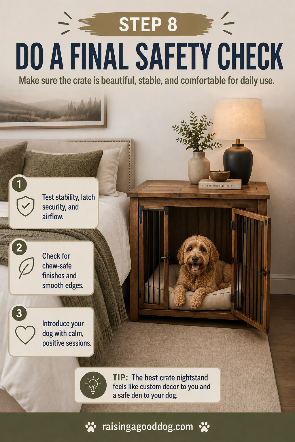 Final stability and safety check on a finished wooden dog crate bedroom nightstand