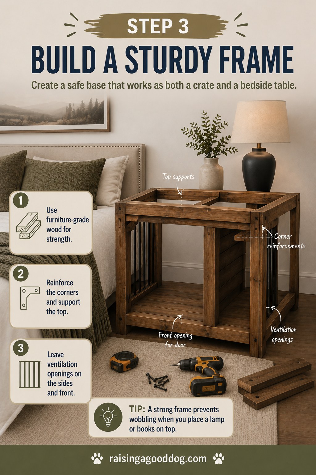 Furniture-grade wood frame under construction for a sturdy wooden dog crate bedroom nightstand